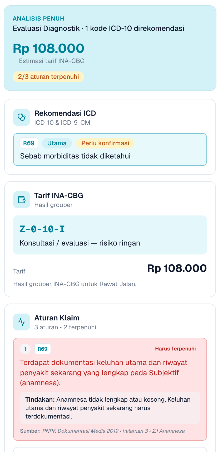 Panel AI ClaimMind: rekomendasi ICD, tarif INA-CBG, dan aturan klaim