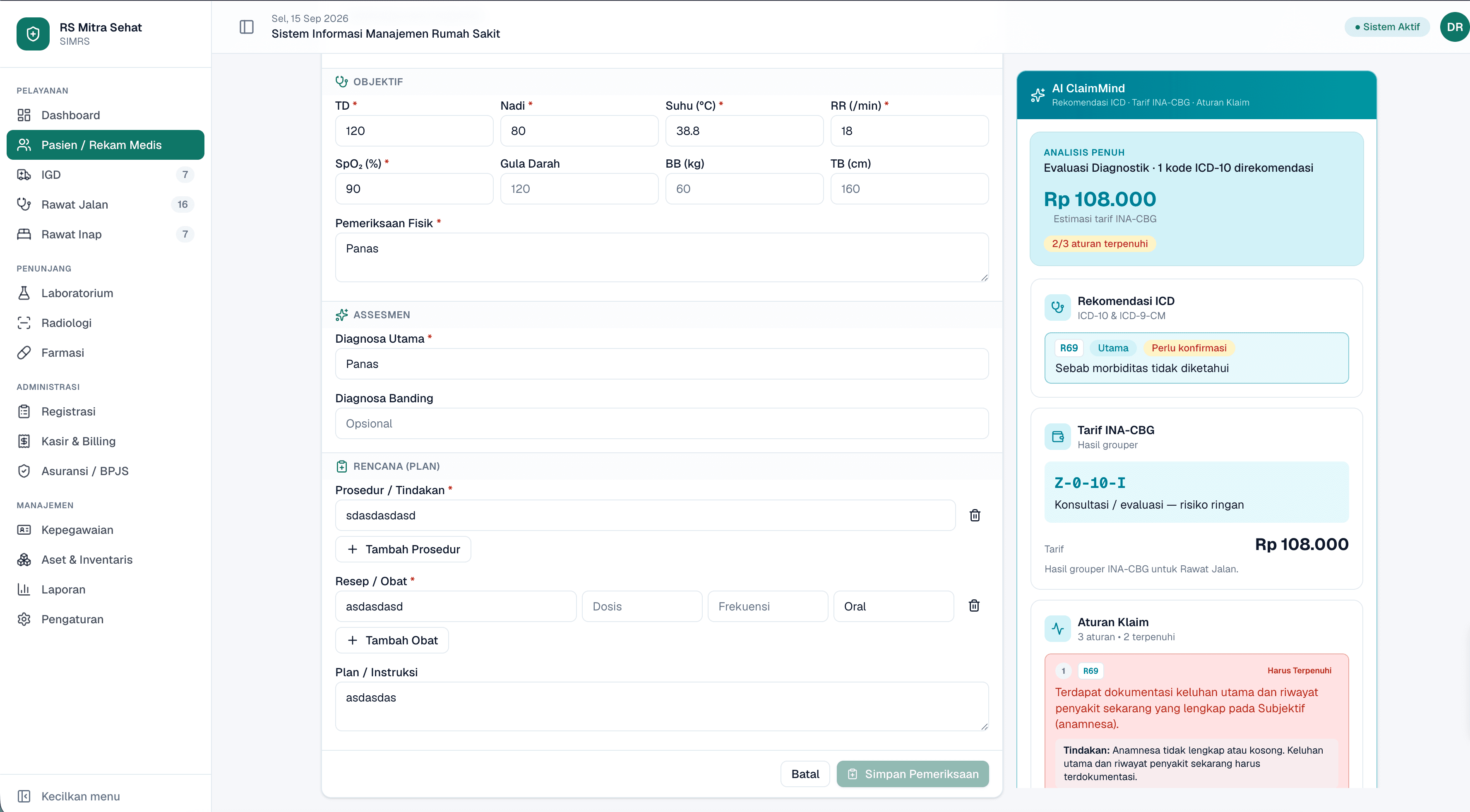 Layar penuh SIMRS dengan panel AI ClaimMind